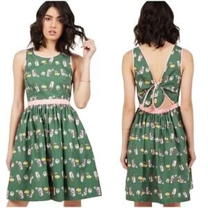 ModCloth Green Drink Print Fit & Flare Dress XL Pink Trim Tie Back Retro Style